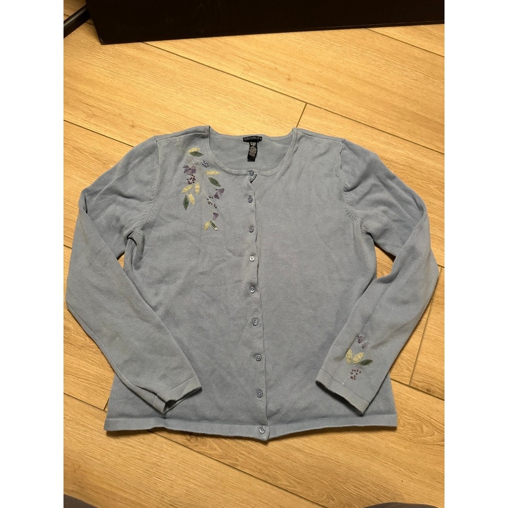Gap Stretch Womens Large Blue Floral Embroidered Button Up Cardigan Sweater